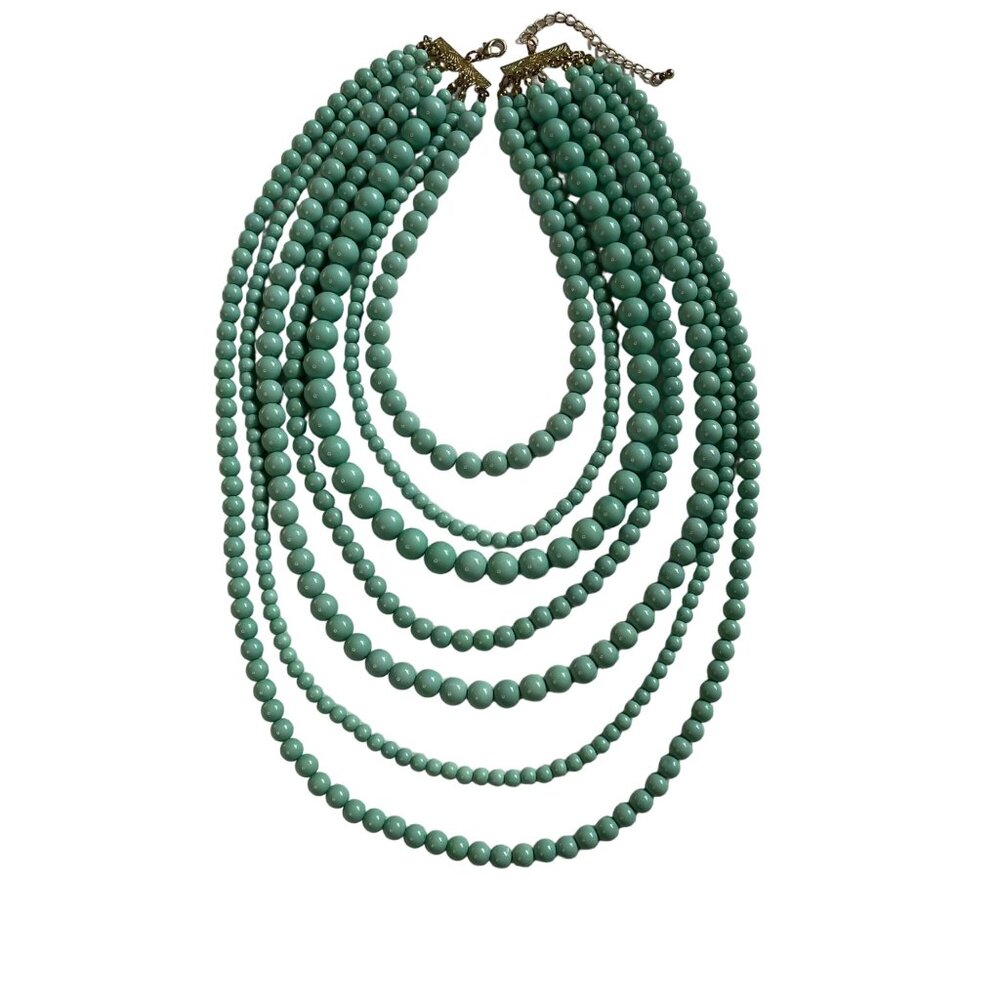 Multi Strand Necklace Layer Beads Mint Blue 7 Rows Pearls u